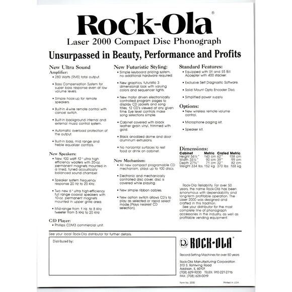 Rock-Ola Laser 2000 1980s Compact Disc Phonograph Vintage Flyer - Picture 2 of 2